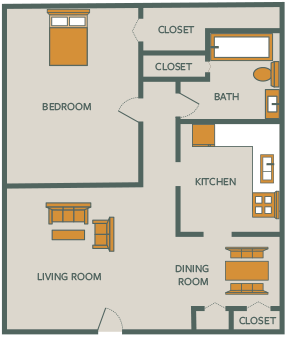 Floor plan for 1 bed, 1 bath, 570 sqft